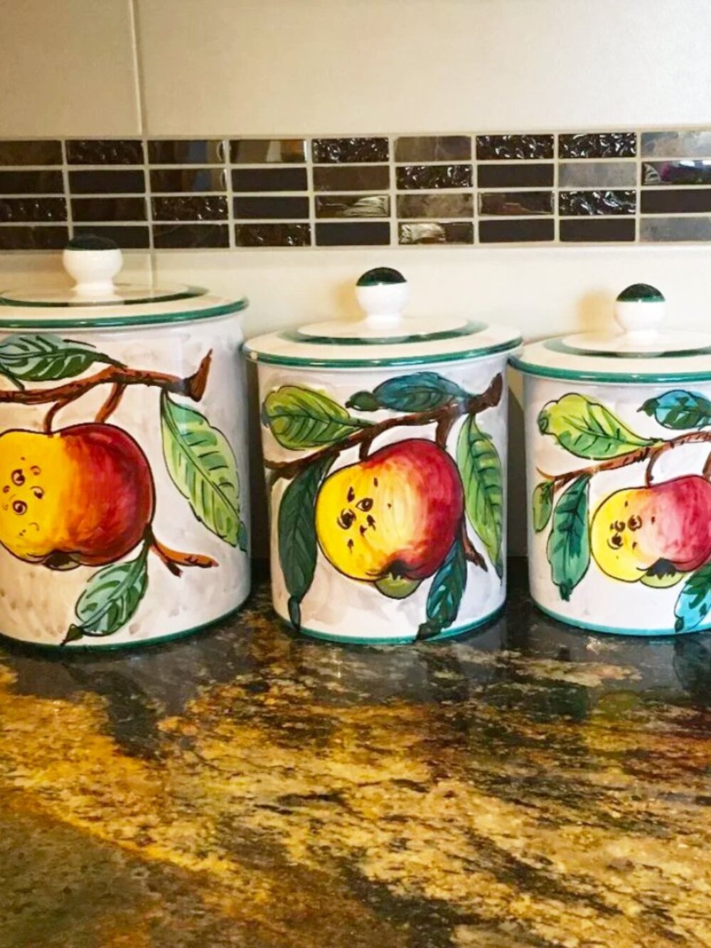 Vintage Italian 4pc Red Clay Canister Set Handpainted